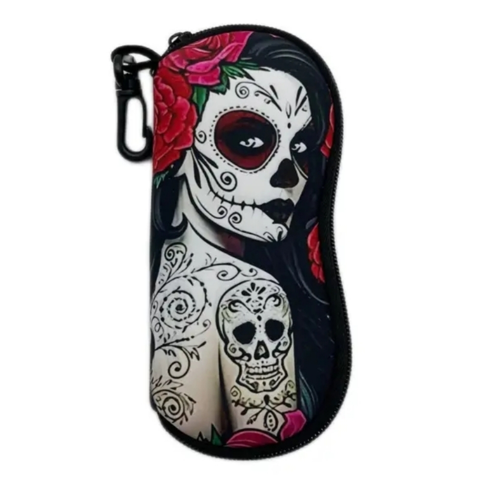 Sugar Skull Glasses Case Soft Pouch With Clip NEW Skeleton Witch